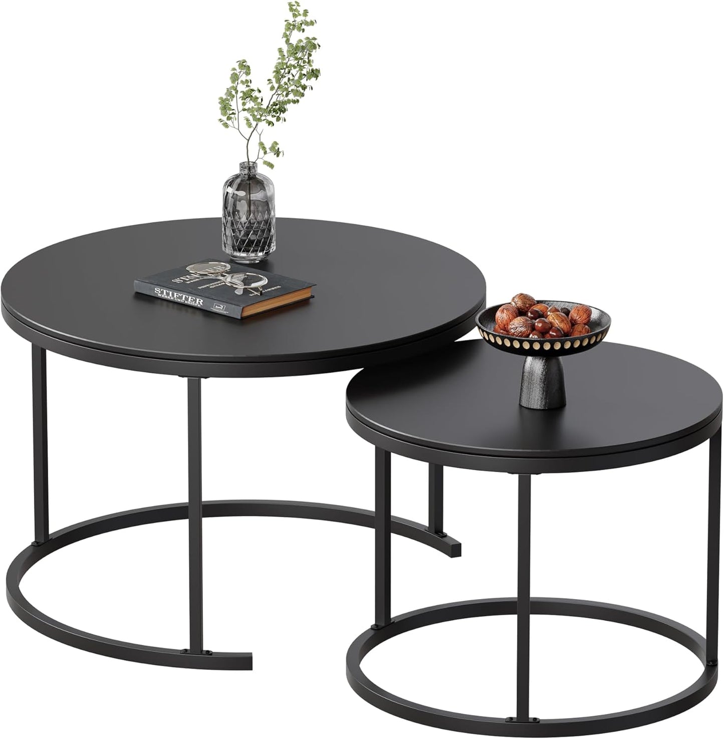 Round Nesting Coffee Table, Black Modern Decorative Coffee Center Table Set of 2, Sintered Stone Coffee Table for Living Room with Sturdy Metal Frame.