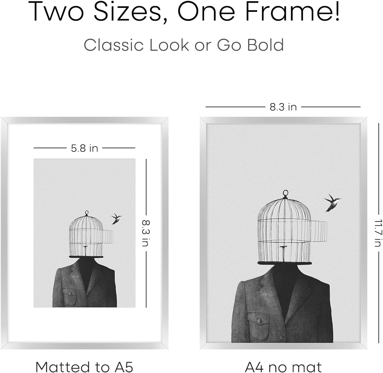 Homeforia A4 Picture Frame Silver, High End Metal 8.3 x 11.7 inch Silver Poster Frames with Mat 5.8 by 8.3 Art, A4 Frames Matted to A5 Photo, 8.3x11.7 Wall or Tabletop Frames, Tempered Glass, Set of 1