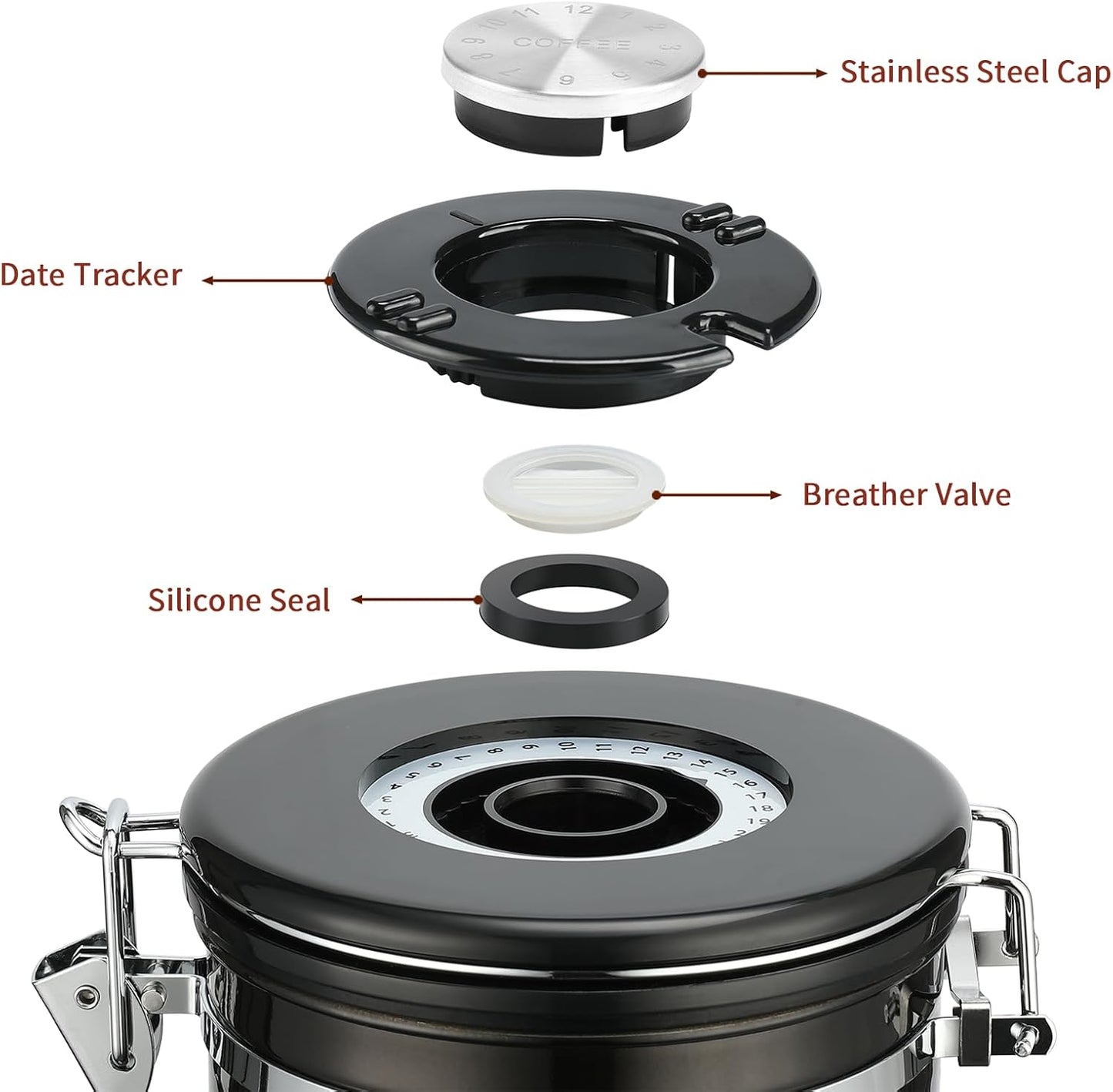 malmo Coffee Canister, Airtight Coffee Container with Date Tracker Lid, Stainless Steel Canister for Kitchen Food Storage (Black-Copper, 22oz)