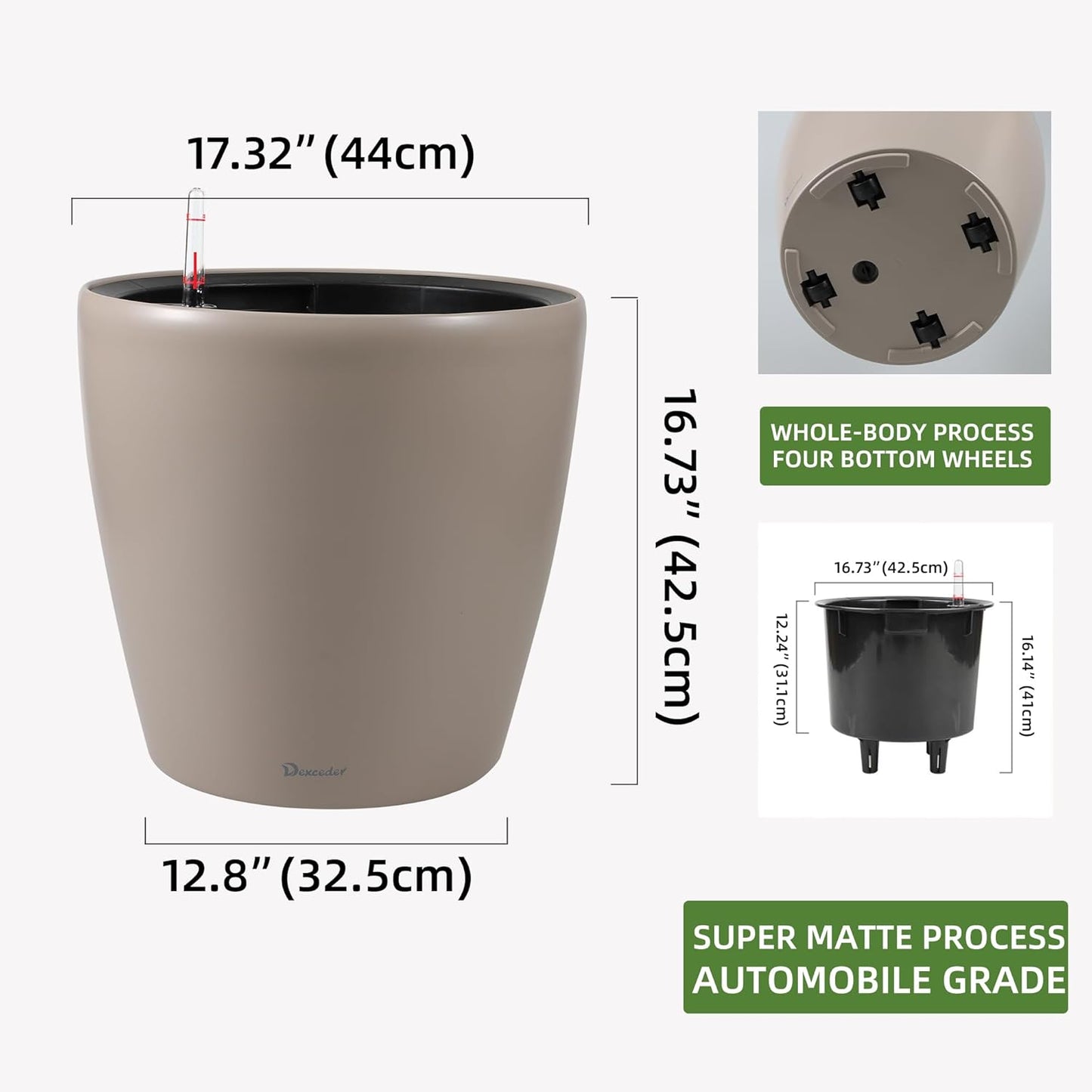 Dexceder 18x17 Self Watering Planter with Wheels Indoor Outdoor, Inner Pot Design, Thickened Large Floor Standing Flower Plant Pot with Water Level Indicator (Taupe Matte)
