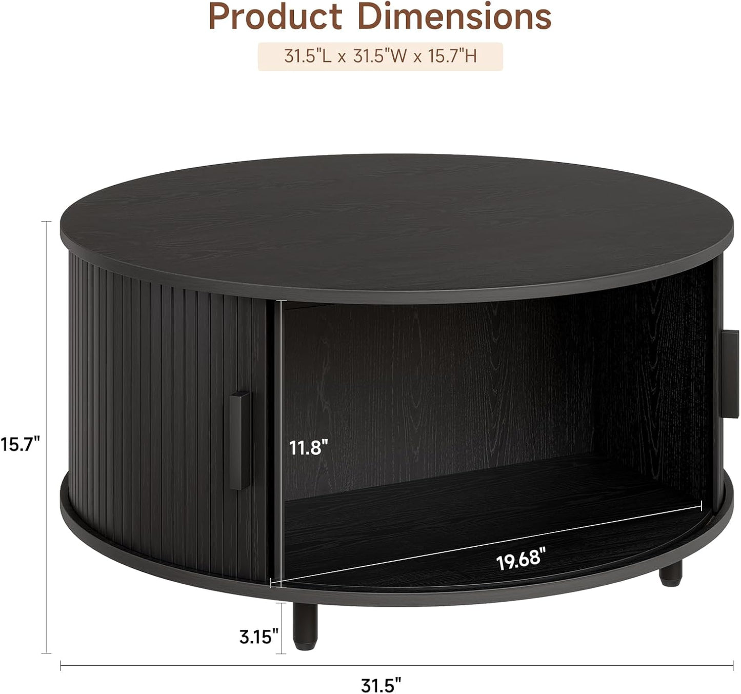 Round Coffee Table with Storage, 31.5" Modern Coffee Table with 360° Curved Sliding Door, Fluted Wood Accent Coffee Table with Adjustable Footpads, Round Center Table for Living Room, Black