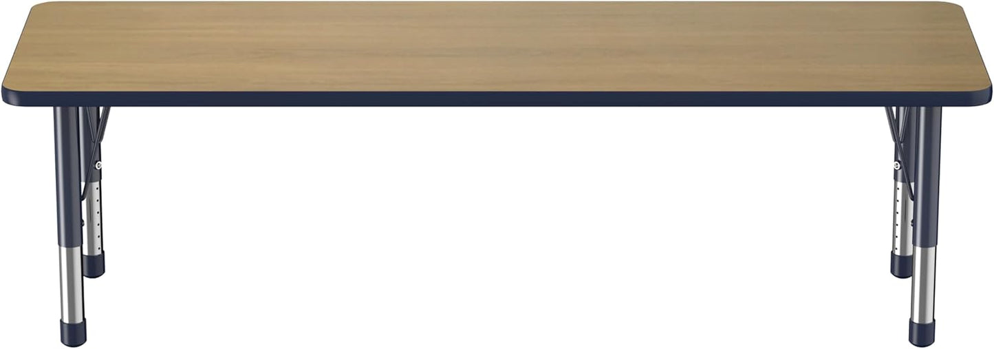 FDP Rectangle (24 x 60 inch) Classroom Table with Adjustable Chunky Toddler Legs (15-24 in); Preschool, Kinder and Daycare Furniture - Pasadena Oak Top/Navy Edge and Legs