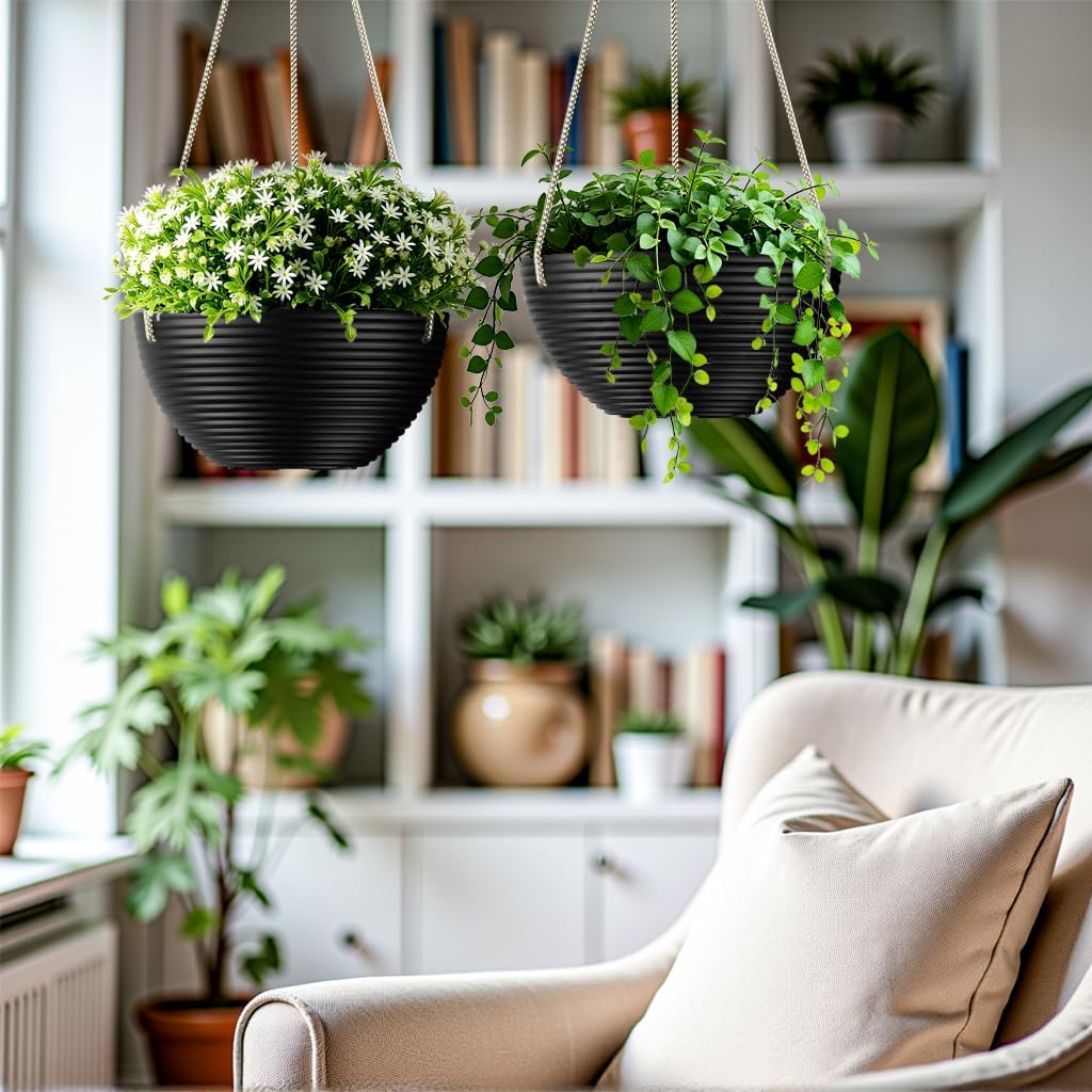Line Pattern 10 Inch Hanging Planter for Indoor Outdoor Plants, 2 Pack Round Hanging Pots for Plants (Black)
