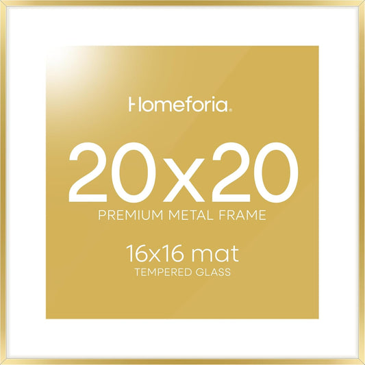 Homeforia 20x20 Picture Frame Gold, High End Metal 20 x 20 Square Poster Frame with Mat 16 x 16 Photo, 20x20 Frame Matted to 16x16 Print, 20by20 Gold Hanging Frames, Tempered Glass, Wall Kit, Set of 1