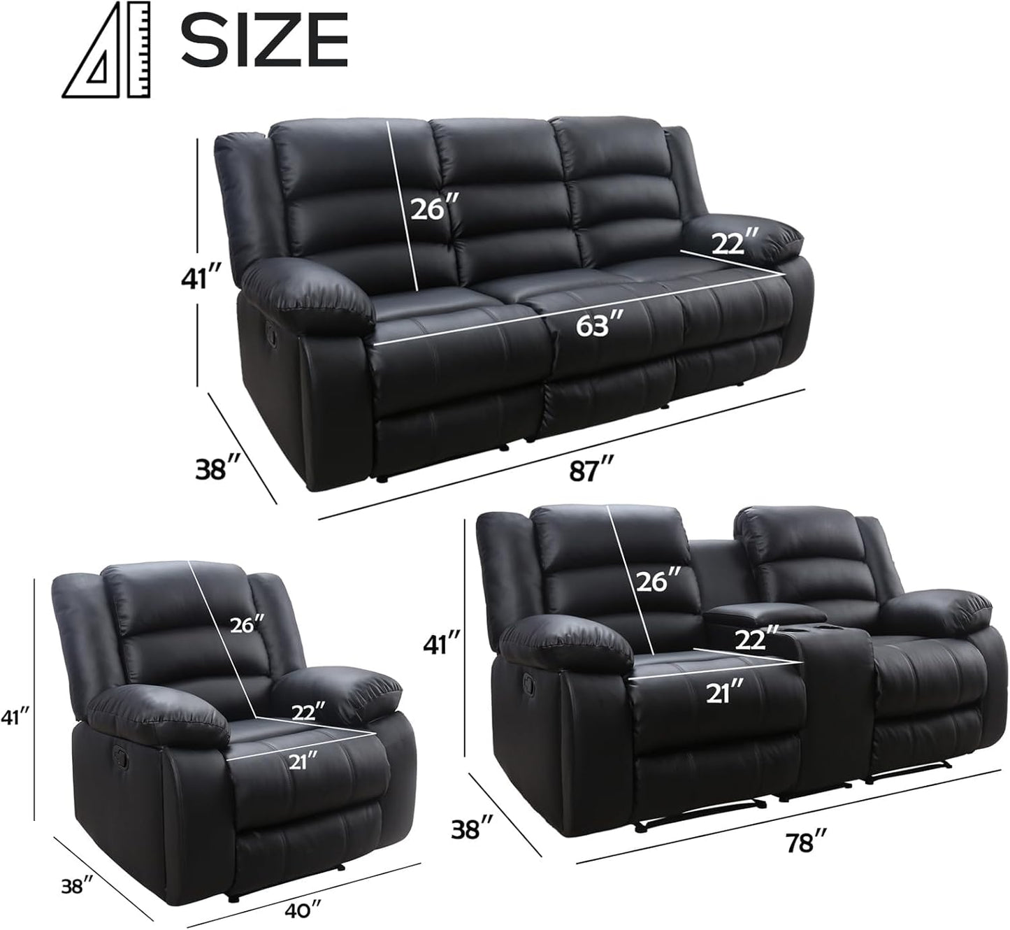 EBELLO Manual Faux Leather Recliner Sofa Set, Recliner Chair, Loveseat Reclining Sofa and 3 Seat Sofa, Couch Set for Living Room, Bedroom, Meeting Room, Black