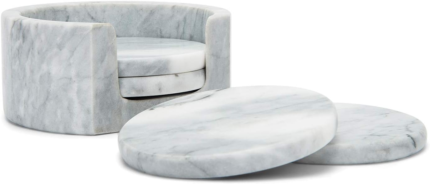Fox Run Natural Polished Marble Coasters, Set of 4 White Coasters With Holder