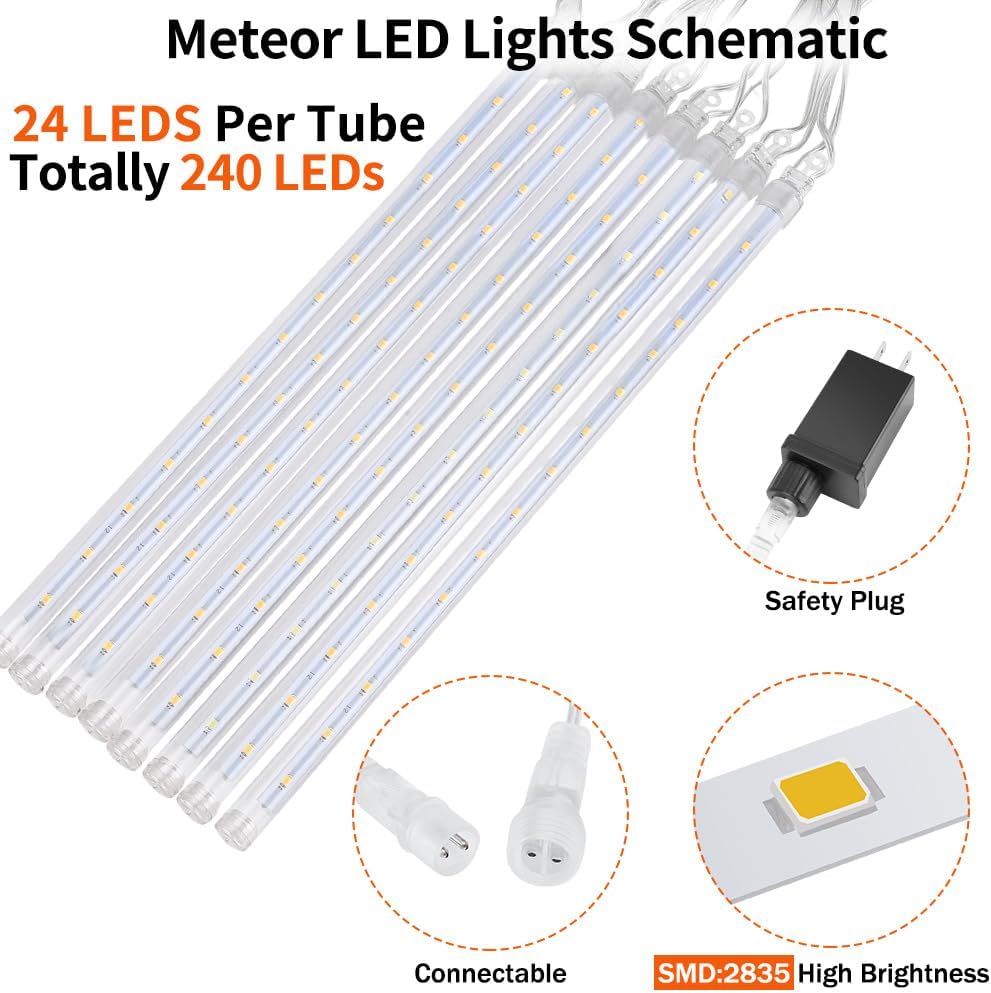 Christmas Meteor Shower Rain Lights, 10 Tube 12 Inch 240 LEDs Icicle Outdoor Raindrop for Xmas Halloween Wedding Party Tree Holiday Decoration, Warm White
