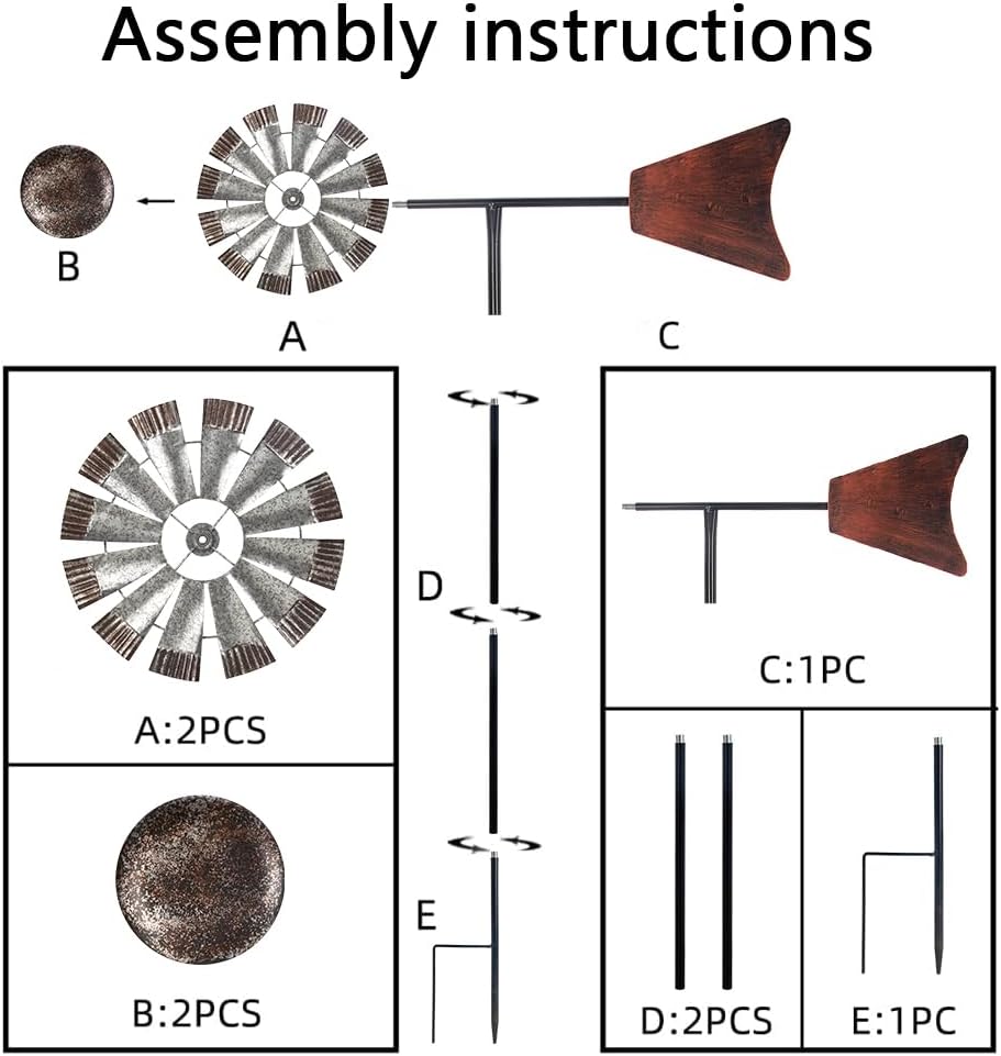 Wind Spinners Outdoor，Metal Vintage Style Single Sided Silver Windmill Kinetic Wind Spinner for Outdoor Garden Patio Yard Decor,Diameter 13 Inches