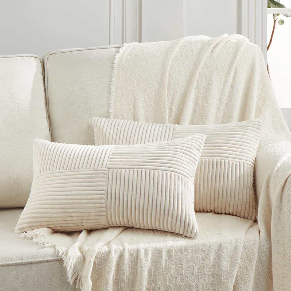 Fancy Homi 2 Packs Cream Lumbar Decorative Throw Pillow Covers 16x28 Inch for Living Room Couch Bed Sofa, Rustic Farmhouse Boho Home Decor, Soft Striped Corduroy Rectangle Accent Cushion Case 40x70 cm