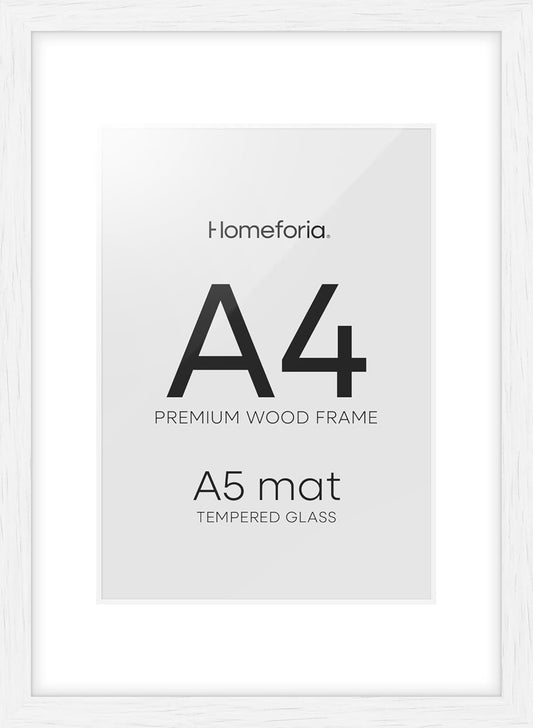 Homeforia A4 Picture Frame White Wood, High-End Oak 8.3 x 11.7 White Poster Frames Matted to 5.8 by 8.3 Photo, 8.3x11.7 Size Wooden Frame with Mat for 5.8x8.3 Print, Tempered Glass, Wall Kit, Set of 1