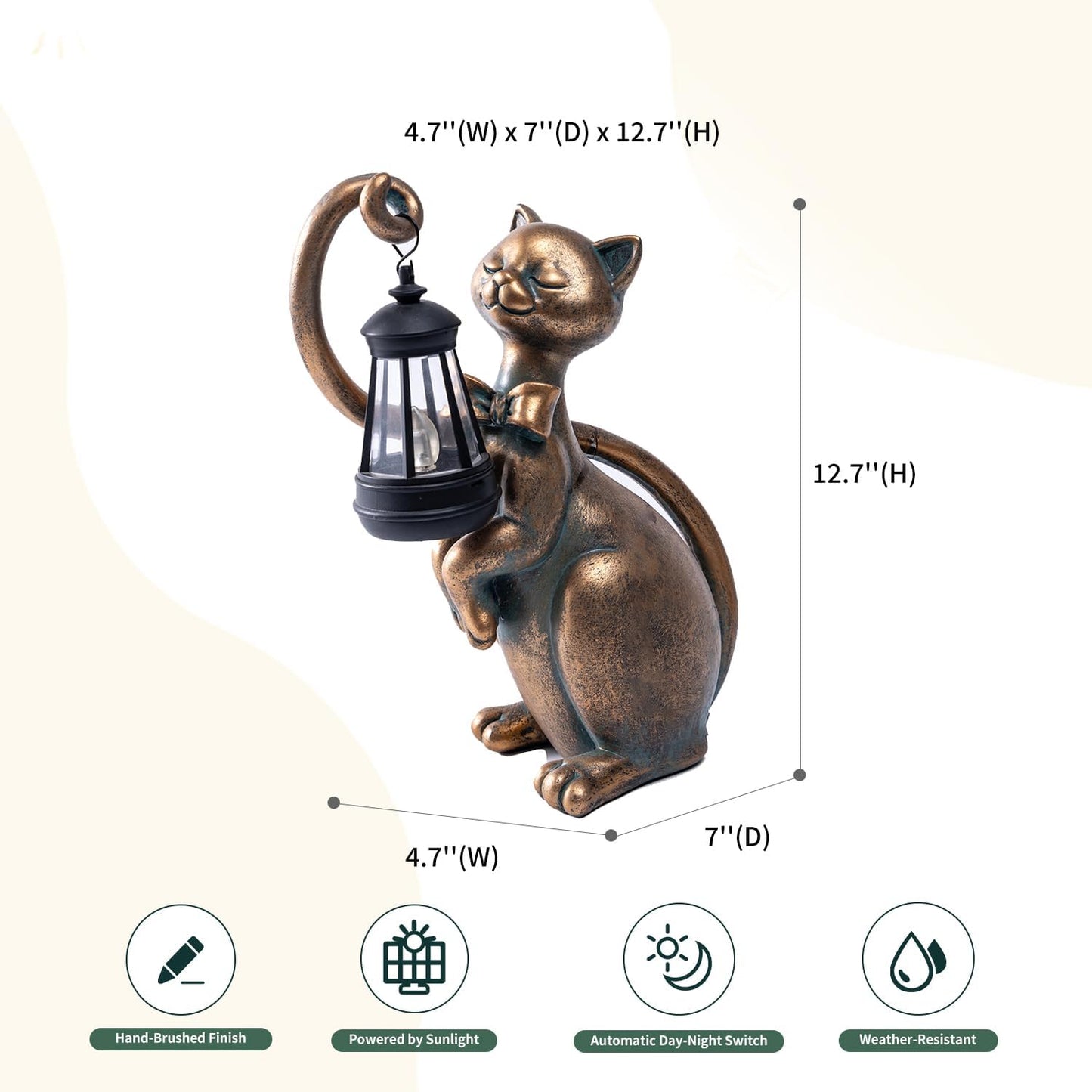 WHIMSYNOOK 10.7" Bronze Cat Solar Garden Statue Light – Cute Kitty Design, Bronze Finish, Solar-Powered LED, Outdoor Yard & Lawn Décor, for Cat Lovers, Mom, and Garden Enthusiasts