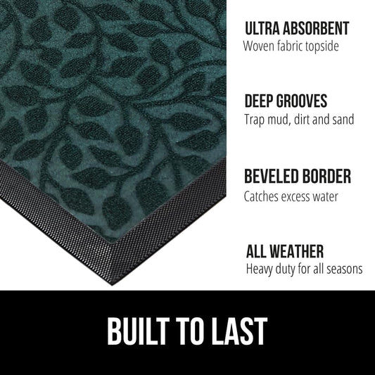 GORILLA GRIP 100% Waterproof All-Season WeatherMax Doormat, 47x35, US Designed Natural Rubber, Stain and Fade Resistant, Low Profile Indoor Outdoor Door Mats, Easy Clean Patio Mat, Moss Vine Leaves