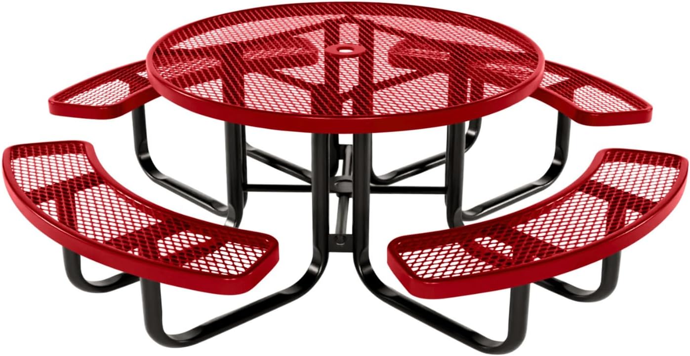 Coated Outdoor Furniture Heavy-Duty Portable Outdoor Kids Table with Umbrella Hole, Expanded Metal Kids Picnic Table, Commercial-Grade, Made in America (46 In, Round, Childrens, Textured Red)