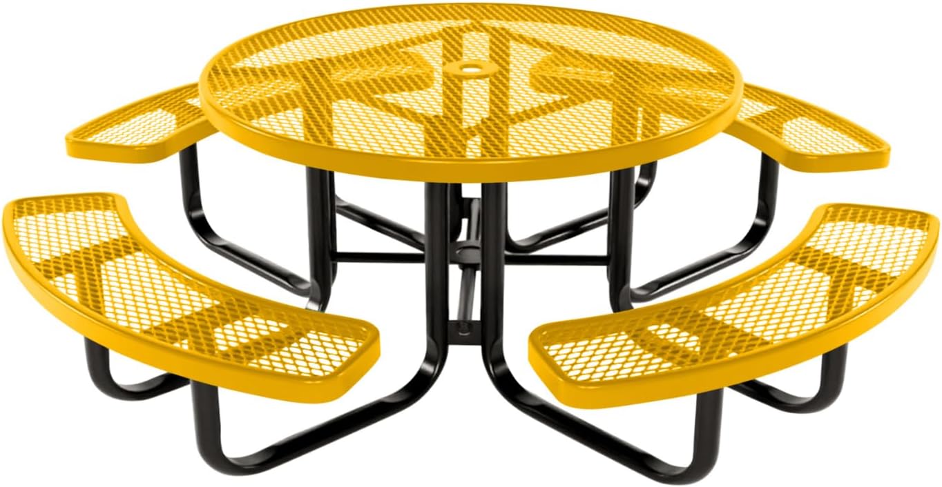 Coated Outdoor Furniture Heavy-Duty Portable Outdoor Kids Table with Umbrella Hole, Expanded Metal Kids Picnic Table, Commercial-Grade, Made in America (46 In, Round, Childrens, Yellow)