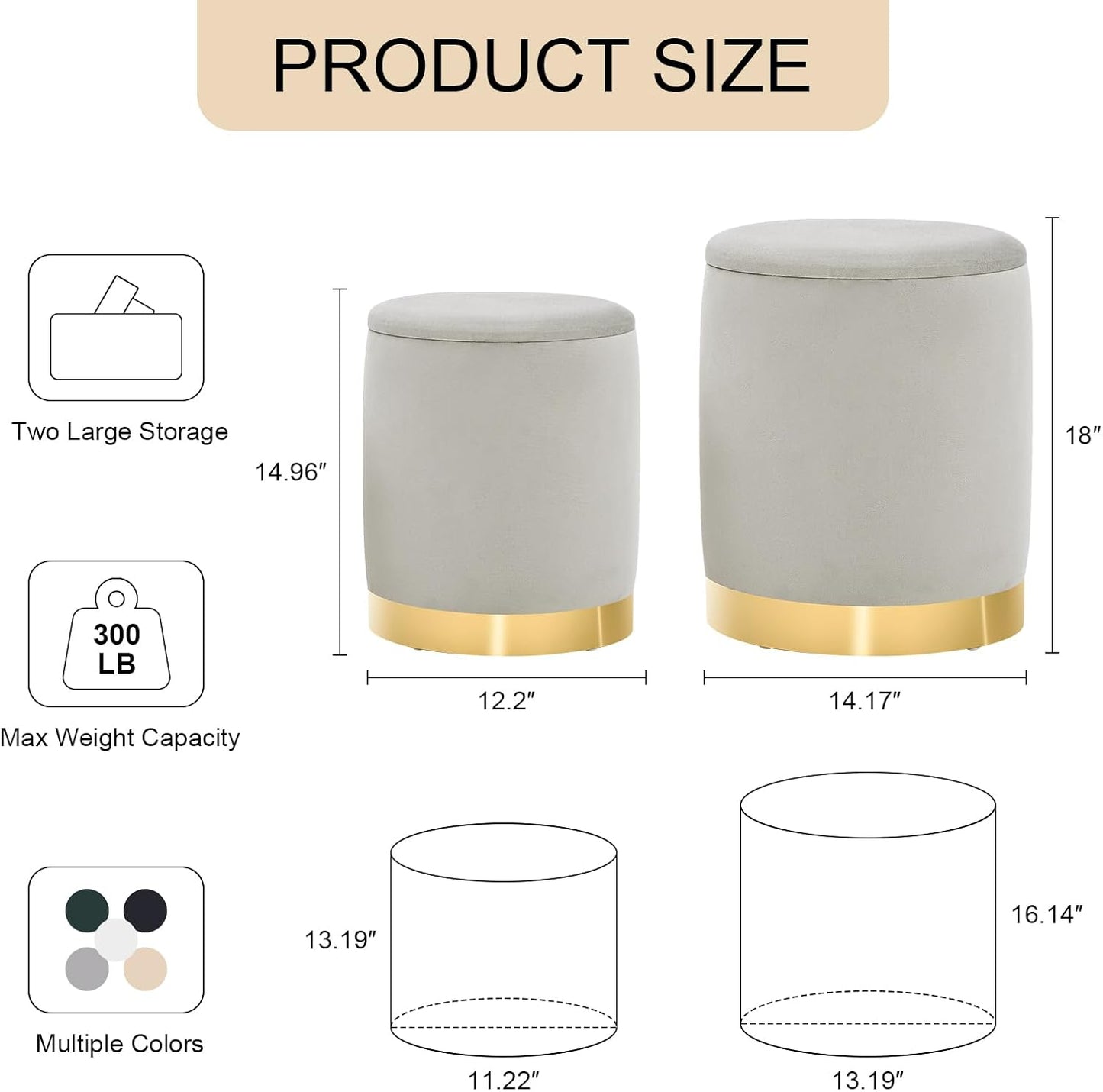 Round Ottoman with Storage Set of 2, Upholstered Velvet Storage Ottomans, Vanity Stool, Multifunctional Ottomans, Coffee Table Foot Rest Ottoman for Living Room Bedroom, Light Grey