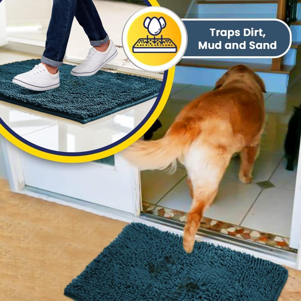 Muddy Mat® 4-Piece Atlantic Blue Medium 30"X19" AS-SEEN-ON-TV Highly Absorbent Microfiber Door Mat, Bath Mat and Pet Rug, Non Slip Thick Washable, Soft Chenille for Kitchen Bedroom Indoor and Outdoor