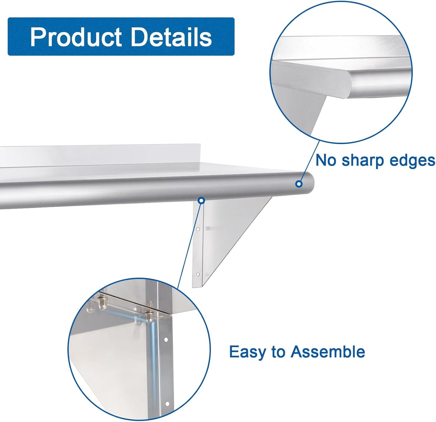 HARDURA Stainless Steel Shelf 14" x 48", 310lb Commercial Shelves Wall Mount Metal Shelving with Backsplash and Brackets for Kitchen, Restaurant, Laundry Room and Home