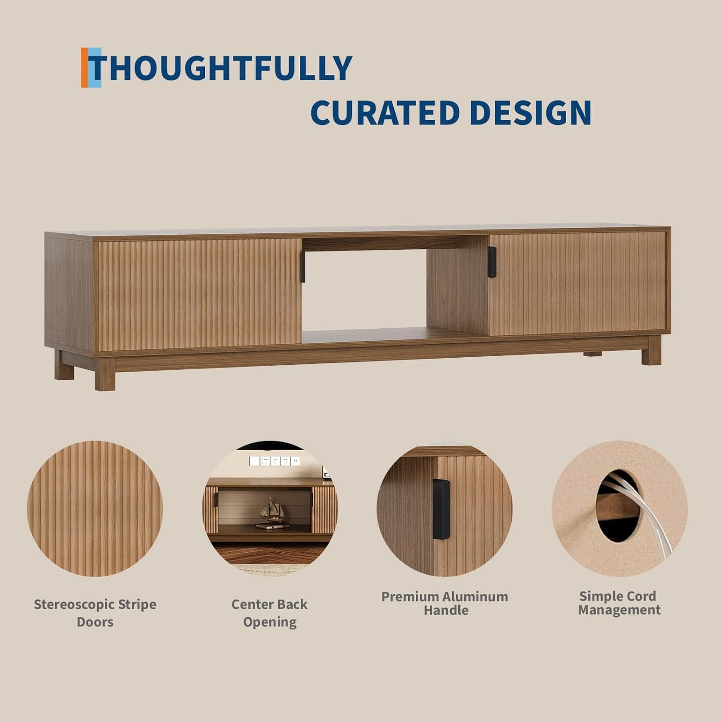 GarveeHome 70" Long TV Stand for Living Room, Mid Century Modern Entertainment Centerfor TVs Up to 80 Inches, TV Console with Fluted Doors & Open Storage Compartment for Livingroom Bedroom- Walnut