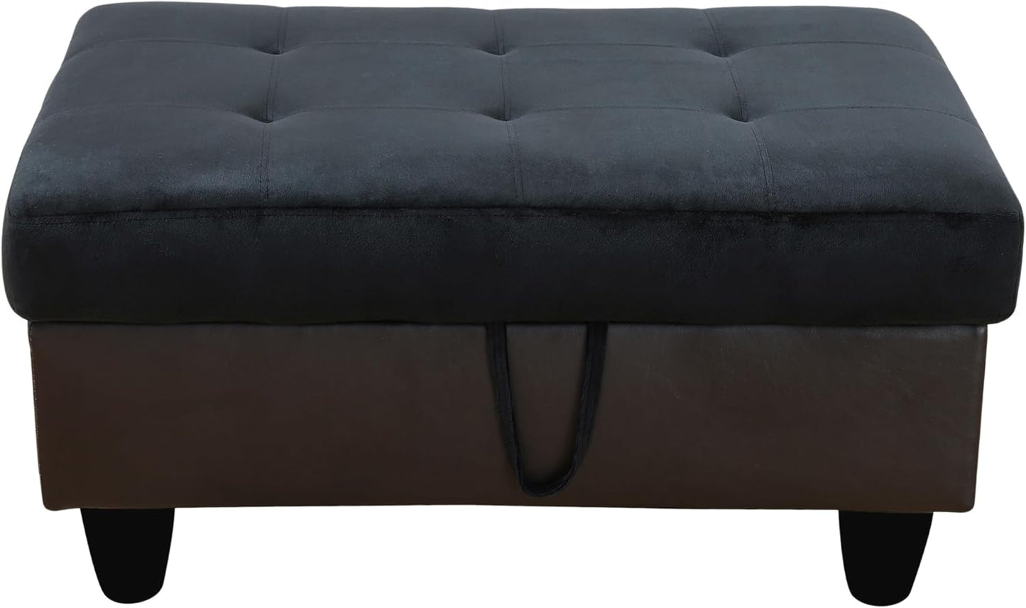 Ottoman Rectangular Storage Ottoman Bench, Flannel Footrest Stool Footstool with Lid for Living Room, Bedroom, Entryway, Dark Blue&Brown, 35"x23.5"x17.5"