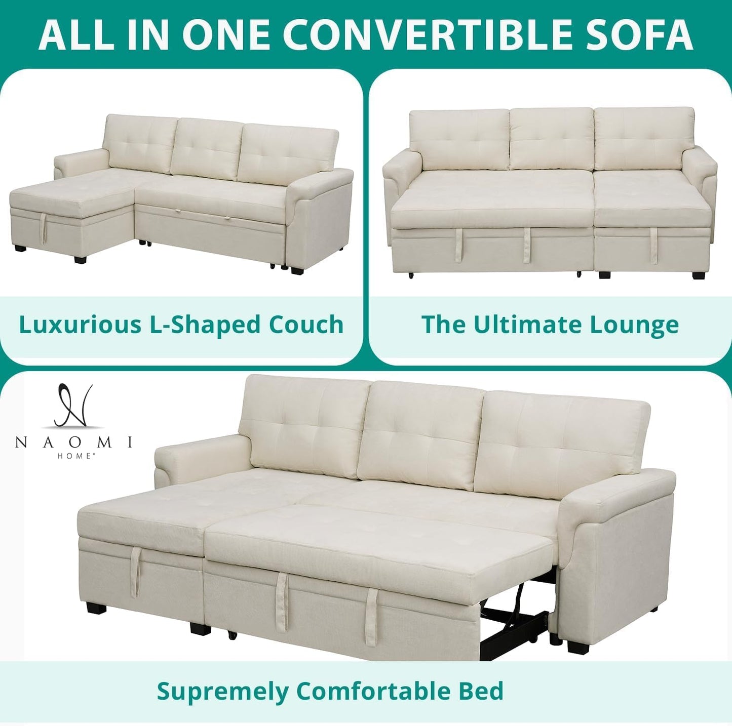 Naomi Home L-Shaped Reversible Sectional Sofa with Pull-Out Sleeper Bed and Storage Chaise, Cream Velvet