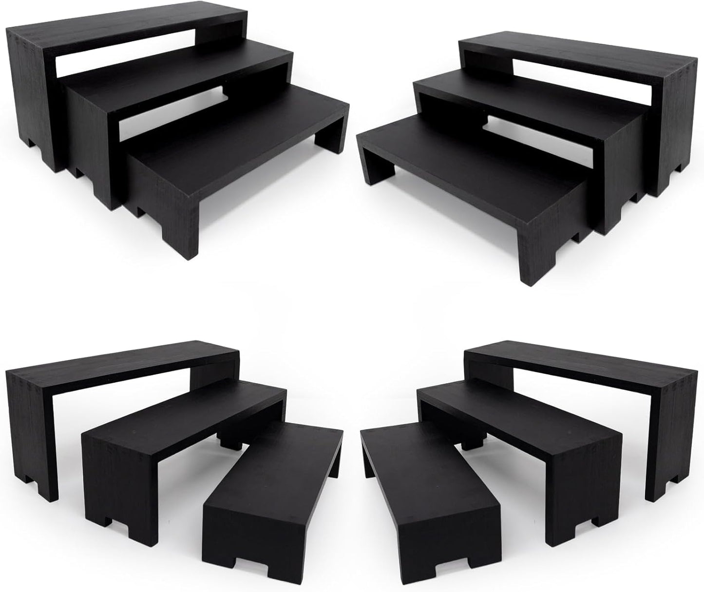 Display Wood Risers Wooden Stand 3 Tier 4 Set 12 Pieces Wood Racks Decorative Rectangular, Cupcake Stands Cologne Perfume Organizer Showcase Items(New Black)