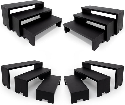 Display Wood Risers Wooden Stand 3 Tier 4 Set 12 Pieces Wood Racks Decorative Rectangular, Cupcake Stands Cologne Perfume Organizer Showcase Items(New Black)