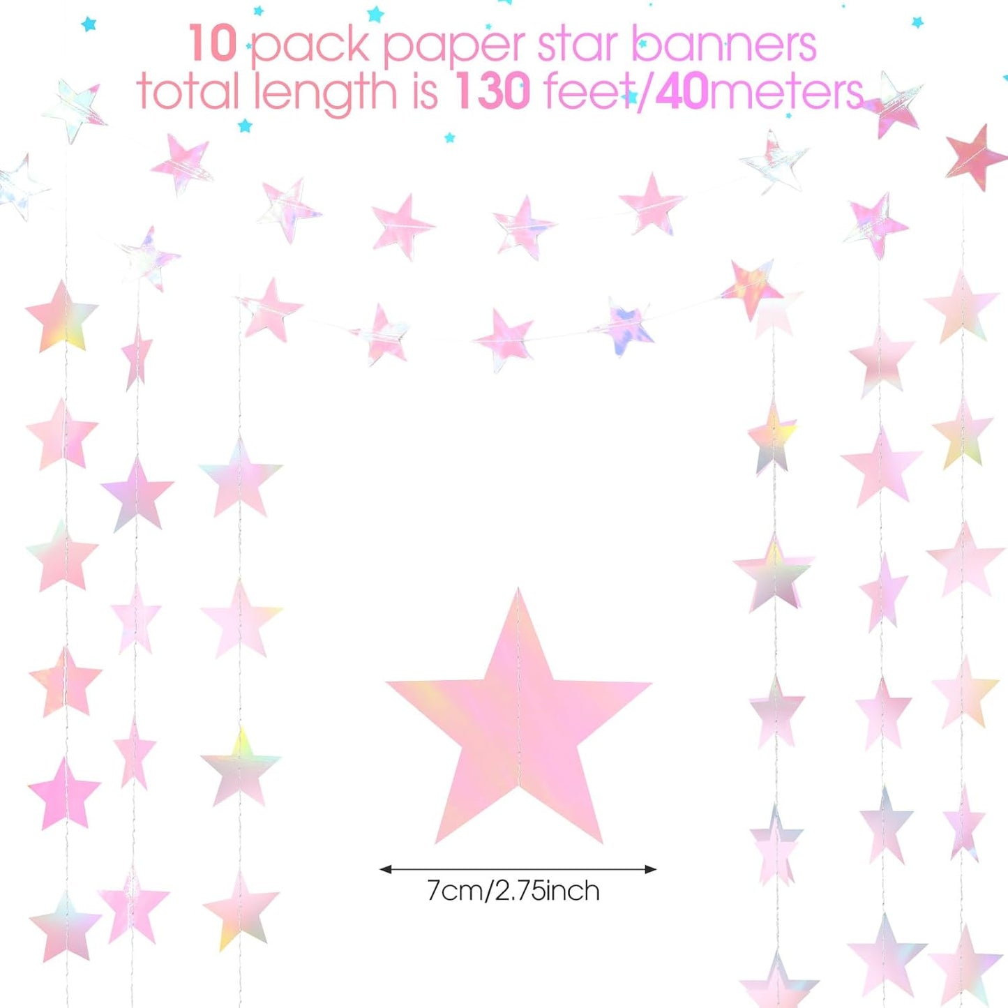 Patelai Glitter Star Garland Banner Decor 130 Feet Star Hanging Bunting Banner Twinkle Backdrop for Homecoming Classroom Wedding Birthday Halloween Christmas Party Supplies(Iridescent Pink)