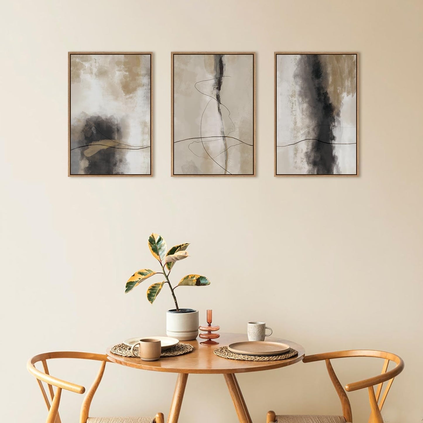 HPINUB Large Modern Abstract Framed Canvas Wall Art Set,Geometric Line Black White and Beige Textured Wall decor Neutral Gray Minimalist Art Print for Living Room,Bedroom,Dining Room,Office -16"x24"x3