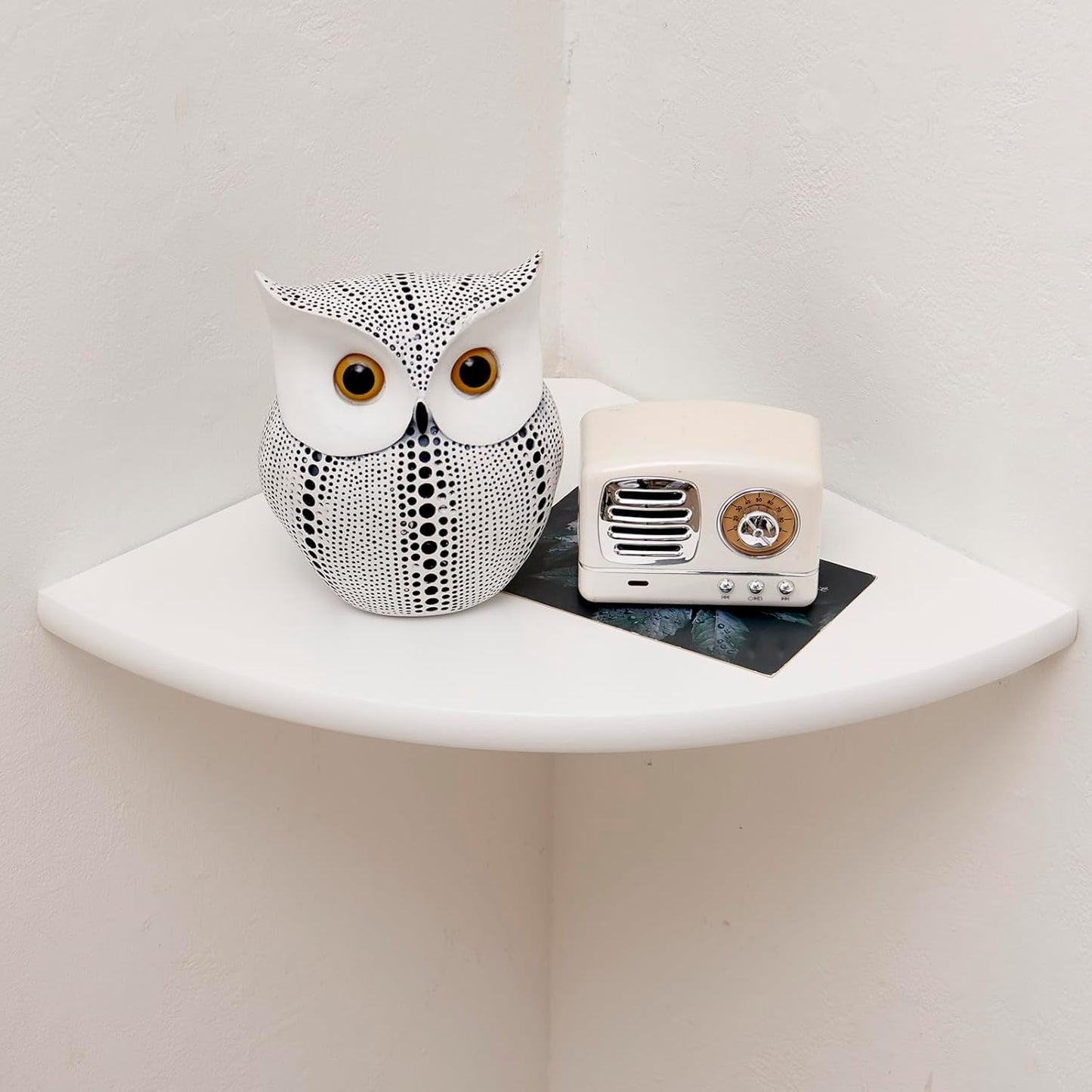 Corner Shelf, Solid Oak Wood Floating Corner Shelf Wall Mount Round End Floating Speaker Shelves with Wire Hole for Small Plant Photo Frame for Bedroom Kitchen, Living Room (White, 7.1in)