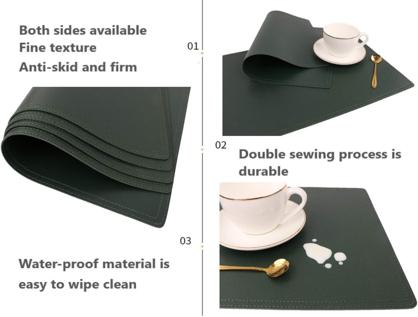Vinyl Waterproof Placemats, PU Table Mats, Set of 4, Stain Resistant, Heat Resistant, Non-Slip Easy to Clean for Kitchen Dining Table,Conference Table C Green Rectangle