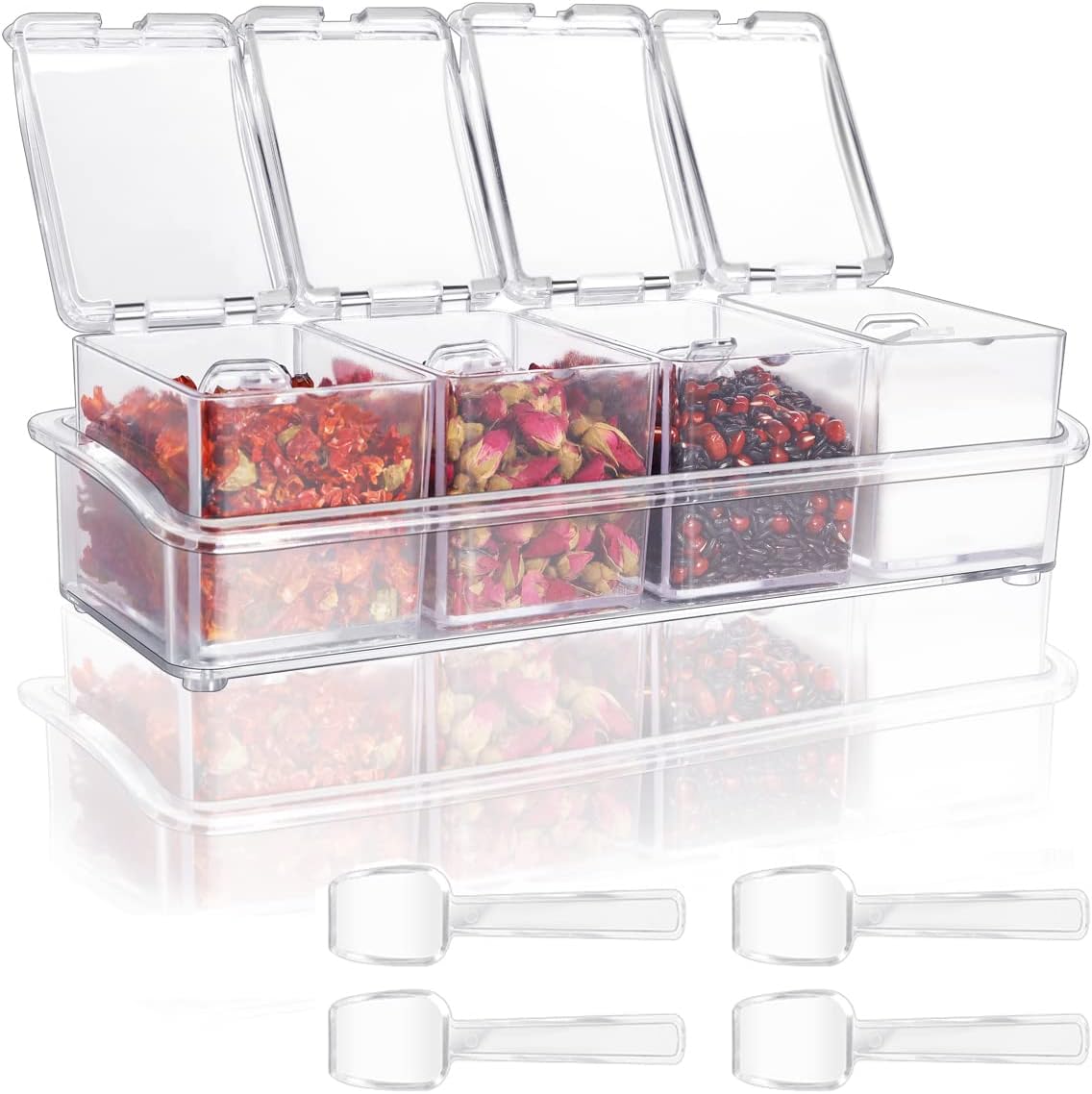 Clear Seasoning Box 4 PCS/Set, Acrylic Seasoning Rack Seasoning Storage Container Condiment Jar Spice Box Spice Jar Spice Pot Spice Rack with Spoon & Lid & Tray for Salt Pepper Sugar (#A)