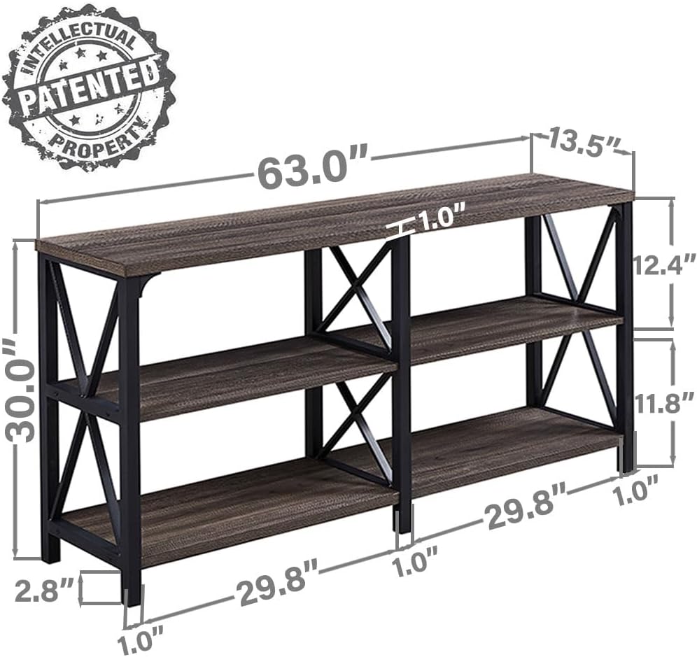 LVB Rustic Console Table, Industrial Modern Sofa Table Behind Couch, Long Metal Wood Entryway Table with Storage Shelf, Farmhouse Foyer Hallway Table for Home Living Room Bedroom, Dark Gray Oak, 63 in