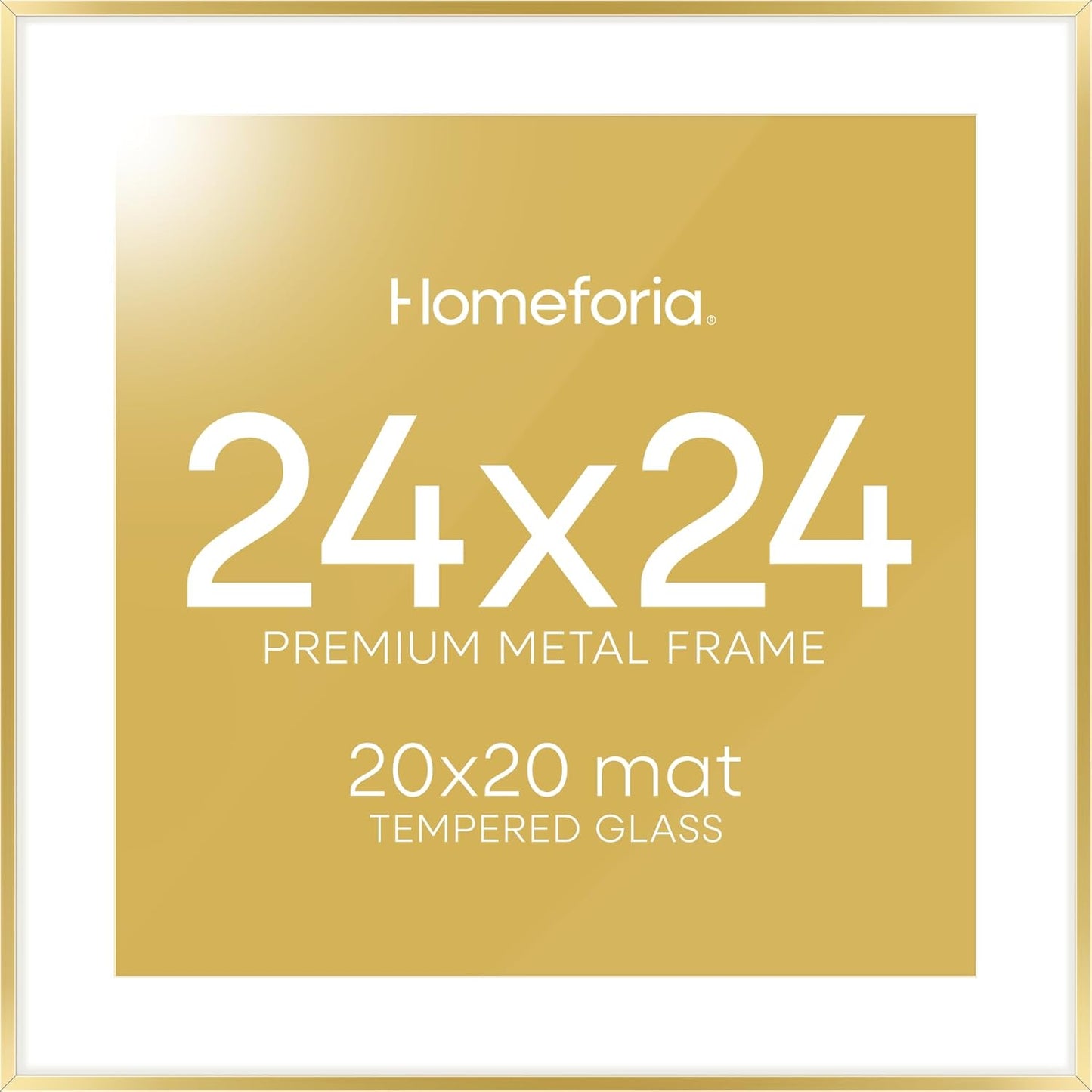 Homeforia 24x24 Gold Square Frame, High End Metal 24 x 24 Large Gold Poster Frames with Mat 20 by 20 for Photo, 24by24 Thin Picture Frame Matted to 20x20 inch Print, Tempered Glass, Wall Kit, Set of 1