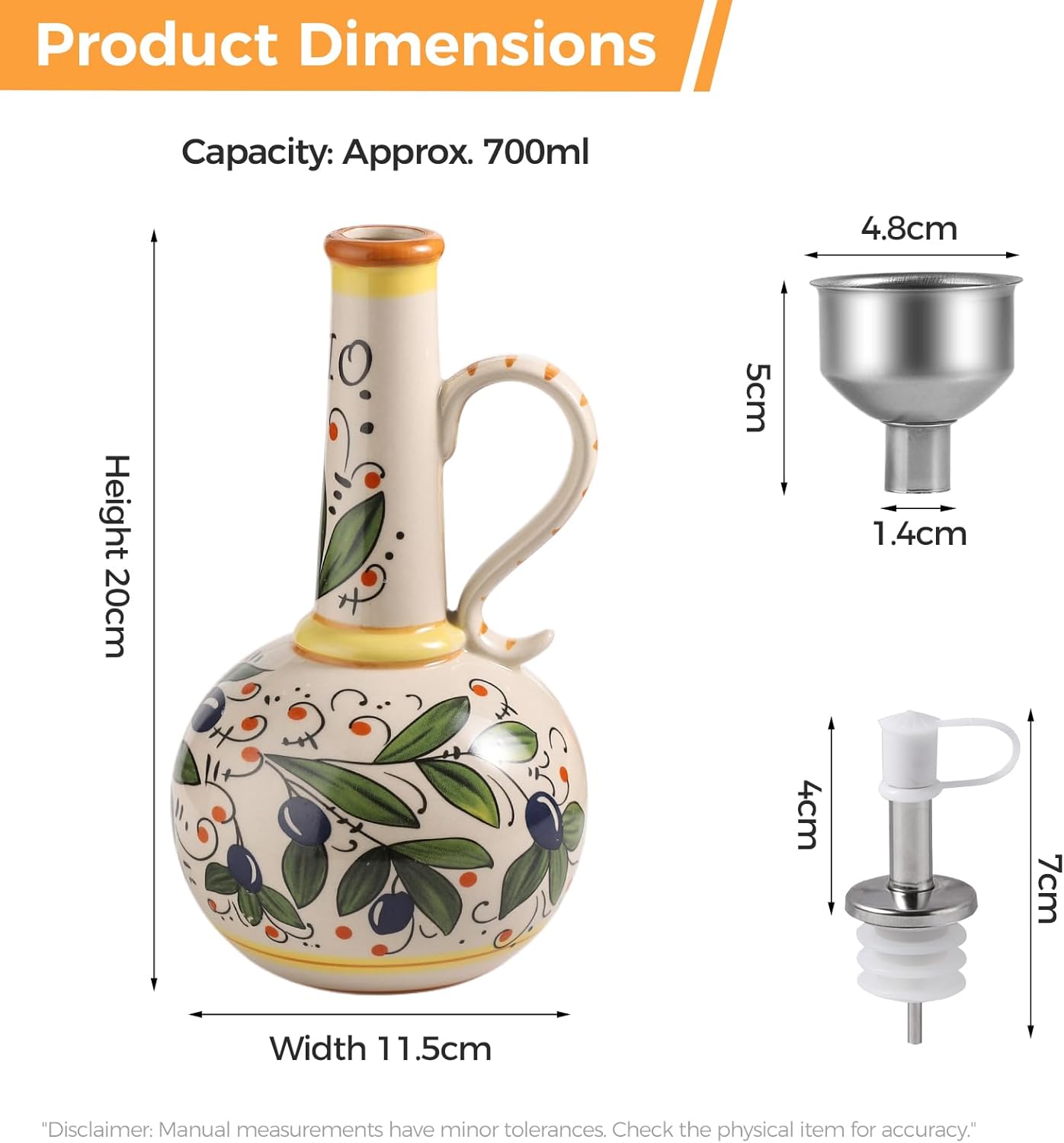 Ceramic Olive Oil Dispenser Bottle 23oz with Handles, Hand Painted Multi-Use Oil Cruet & Flower Vase, Decorative Stoneware Kitchen Cruet with Stainless Steel Spout for Oils, Sauces, Vinegar (A)
