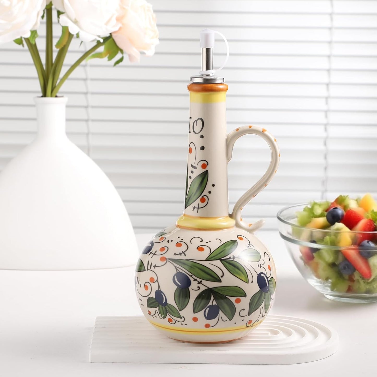 Ceramic Olive Oil Dispenser Bottle 23oz with Handles, Hand Painted Multi-Use Oil Cruet & Flower Vase, Decorative Stoneware Kitchen Cruet with Stainless Steel Spout for Oils, Sauces, Vinegar (A)