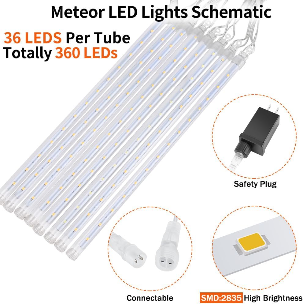 【4 Pack】 Christmas Lights Meteor Shower Rain Lights 20inch, Totally 40 Tube 1440 LEDs Icicle Lights Outdoor Raindrop Lights for Xmas Halloween Wedding Party Tree Holiday Decoration, Red