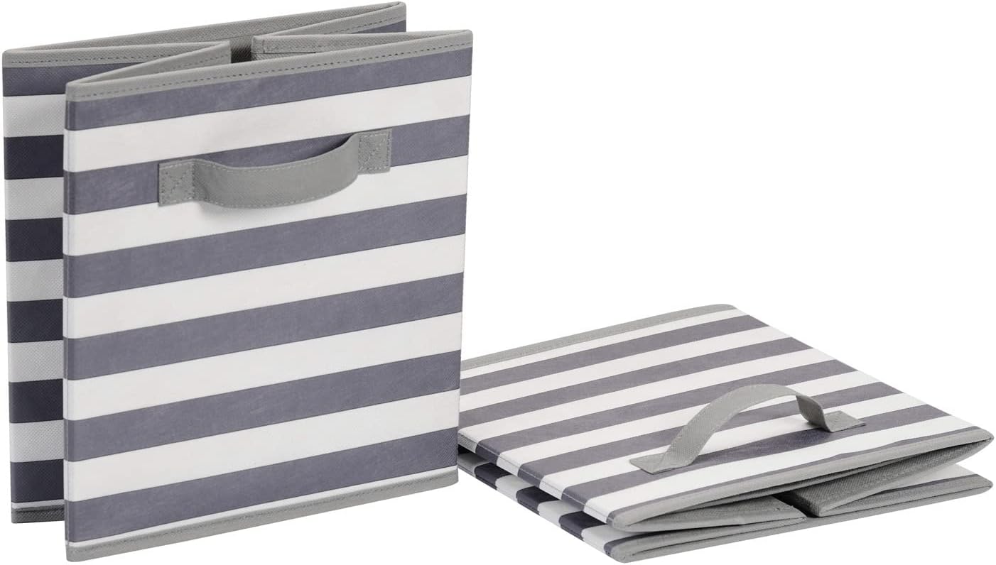 Amazon Basics Cube Organizer Storage Bins Handles, Collapsible Fabric, Pack of 6, 13"x13"x13", White/ Light Grey Stripe