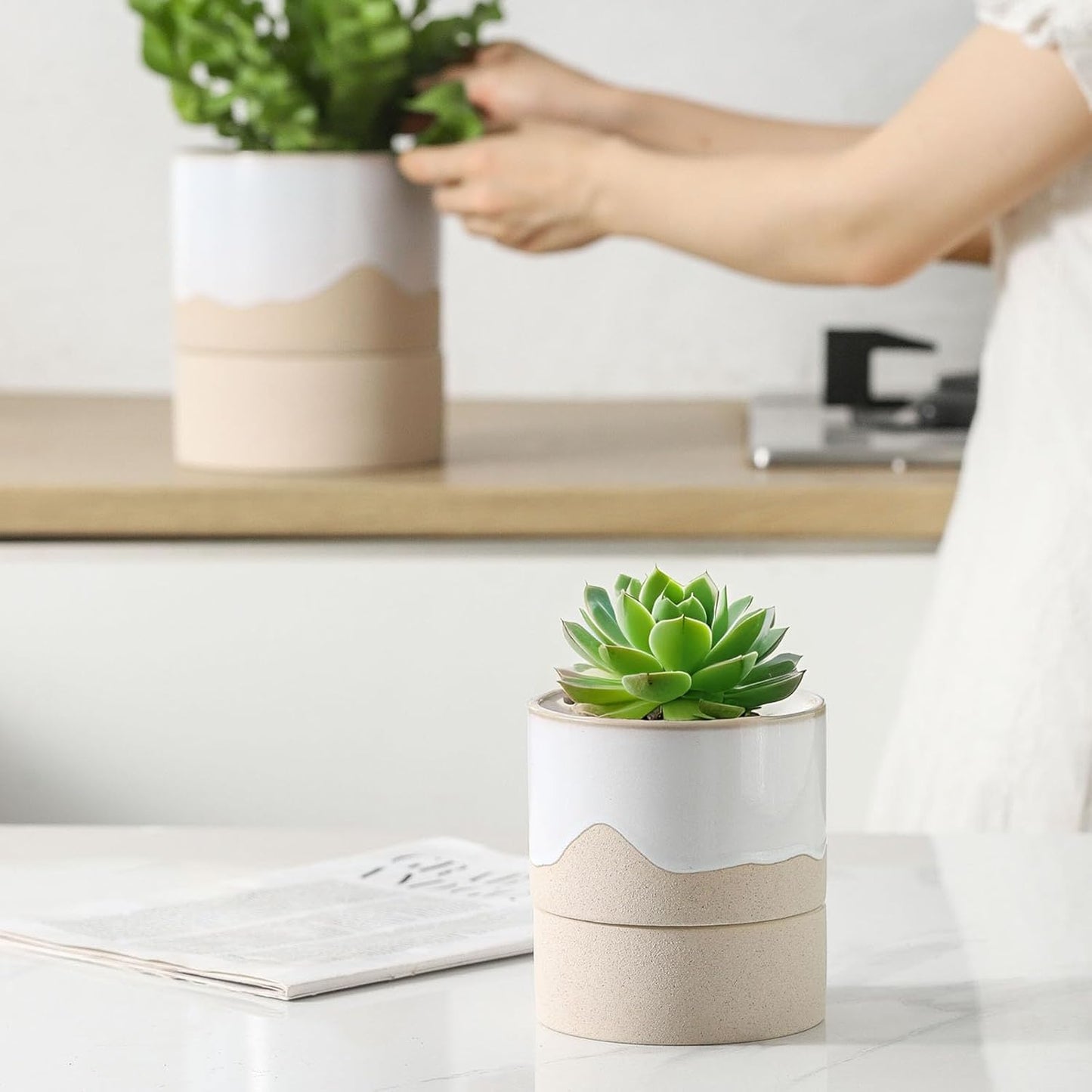 Nihow Self Watering Plant Pot: 4.5 Inch Ceramic Planter with Drainage Hole & Water Storage Plus for Indoor & Outdoor Plants - Cylinder Flower Pot for Herbs/Violets - White & Nature