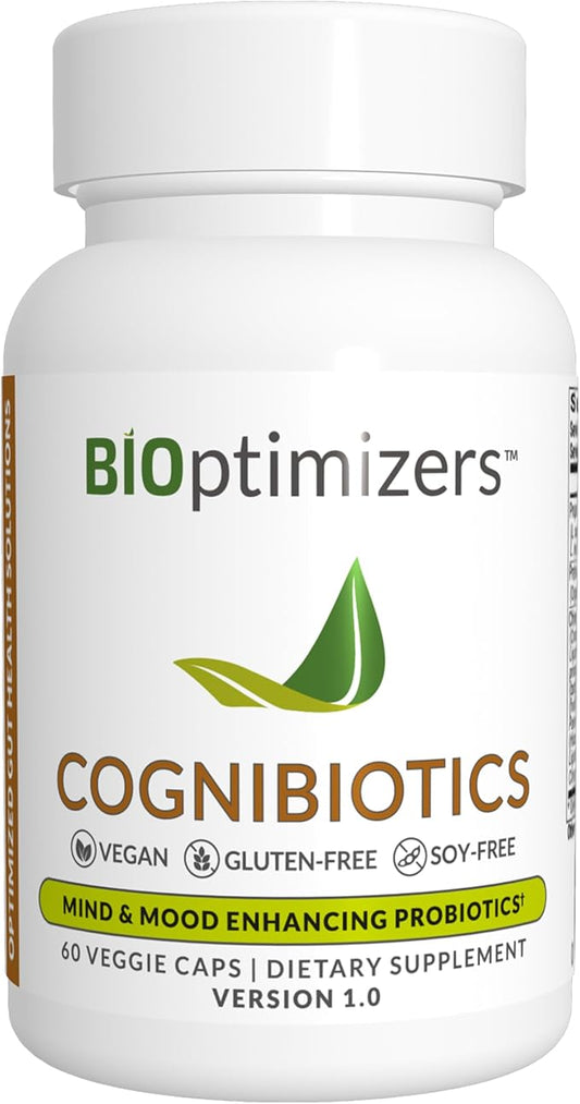 BiOptimizers Cognibiotics Probiotic Brain Supplement - Helps Support Mood, Better Focus, Memory, Mental Clarity - 60 Capsules
