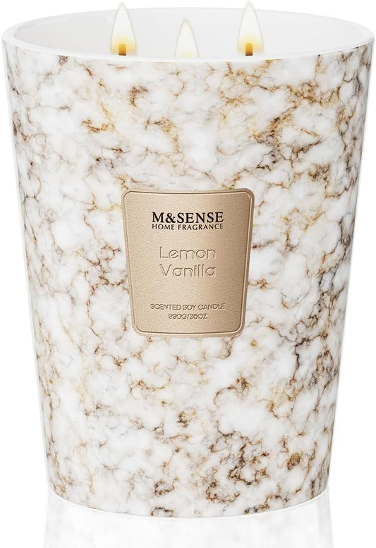 M&SENSE Sugared Lemon Zest Scented Candles for Home, 3-Wick Highly Scented Jar Candles, Extra Large Candle 35 Oz 150 Hours Long Lasting Burning, Relaxing Aromatherapy Candle for Stress Relief
