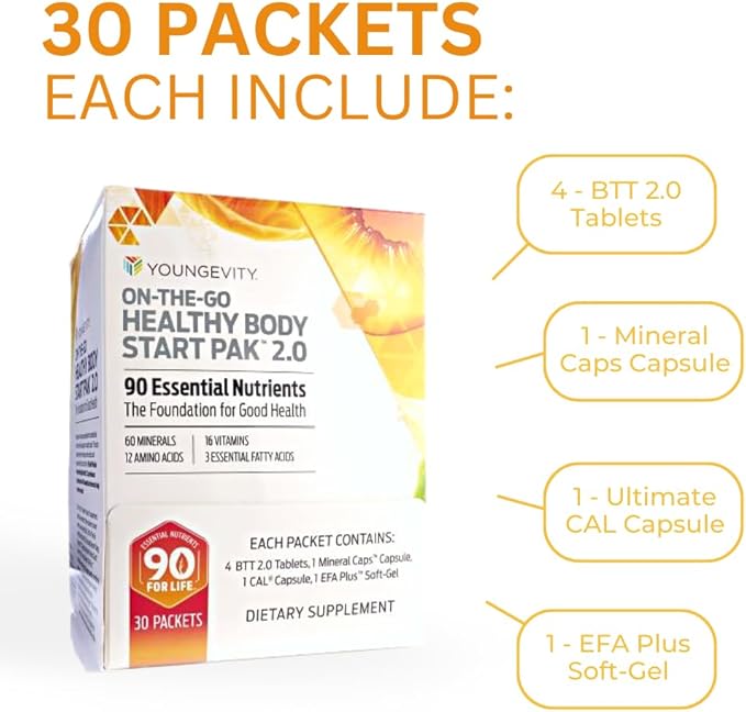 Youngevity On-The-Go Healthy Body Start Pak 2.0 - Includes Multi-Vitamins, Minerals, EFAs, & Amino Acids | 90 Essential Nutrients | 30-Day Supply