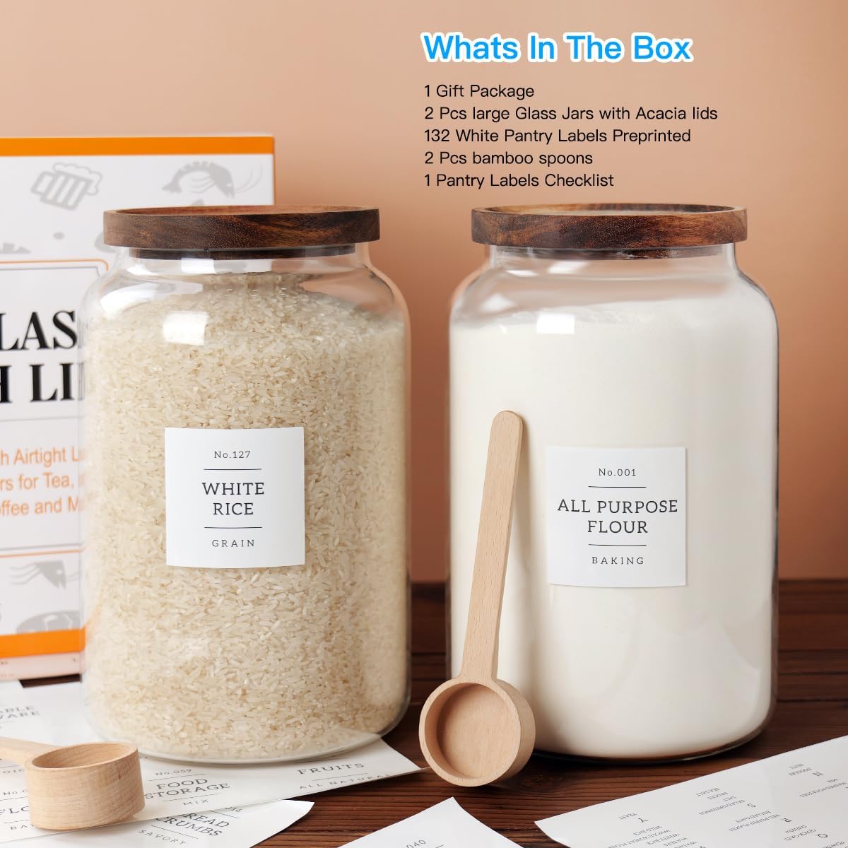 2 PCS Large Glass Jar with Airtight Lid, Glass Food Storage Jars for Tea,Spice,Cereal, Egg,Flour,Coffee and More(1 gallon/4000 ml)