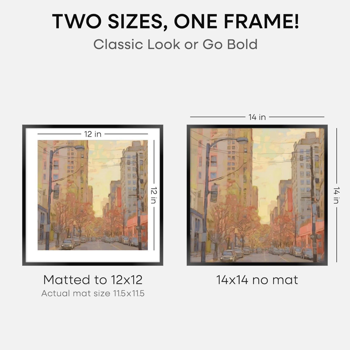 Homeforia 14x14 Picture Frame Black, High End Metal 14 x 14 Square Poster Frames with Mat 12 x 12 Photo, 14x14 Black Frame Matted to 12x12 Print, 14by14 Thin Frames, Tempered Glass, Wall Kit, Set of 1