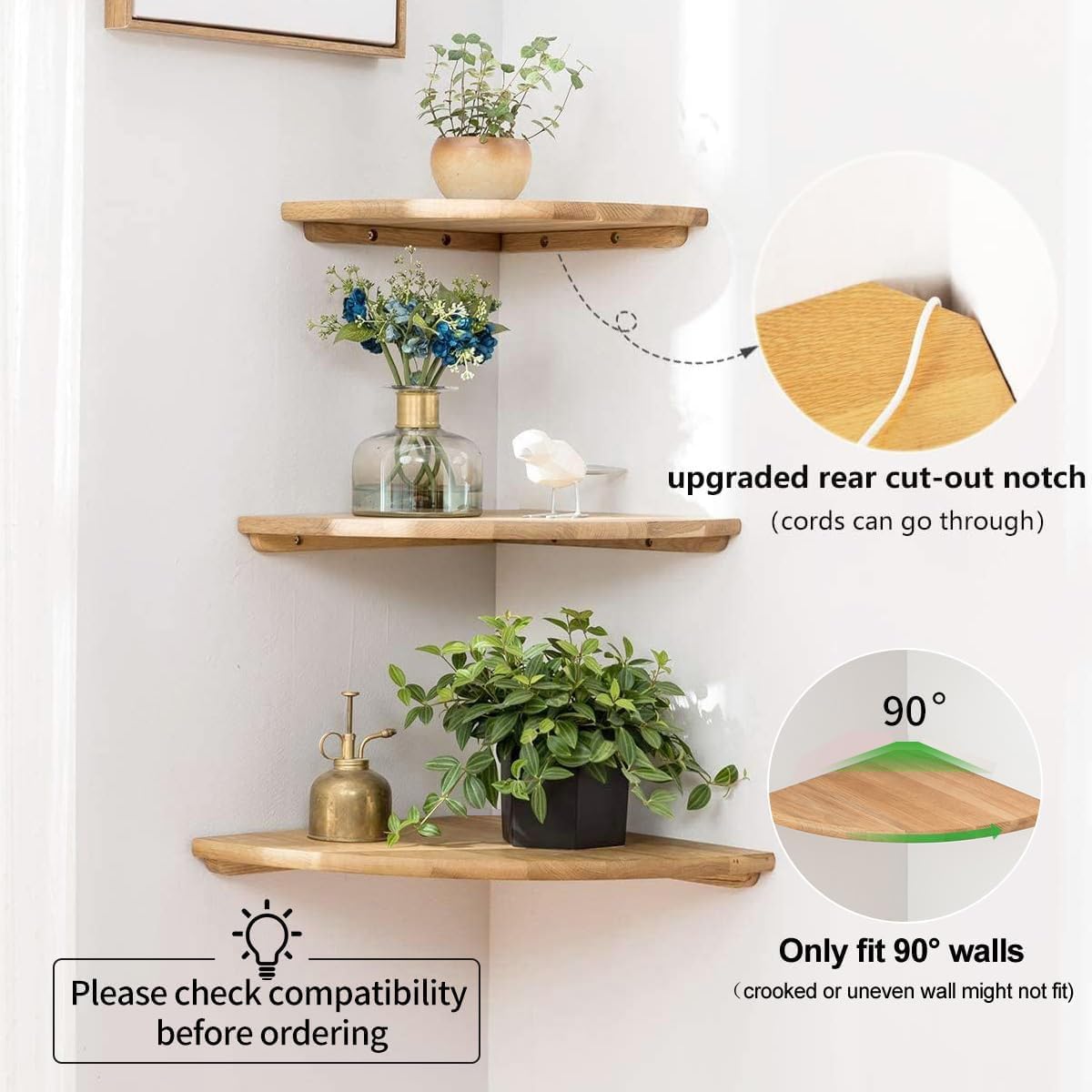 Corner Shelves, Floating Corner Shelf, Set of 2 16inch Solid Oak Wood Wall Shelves, Round End Wall Mount Display Shelf with Wire Hole for Bedroom Kitchen, Living Room