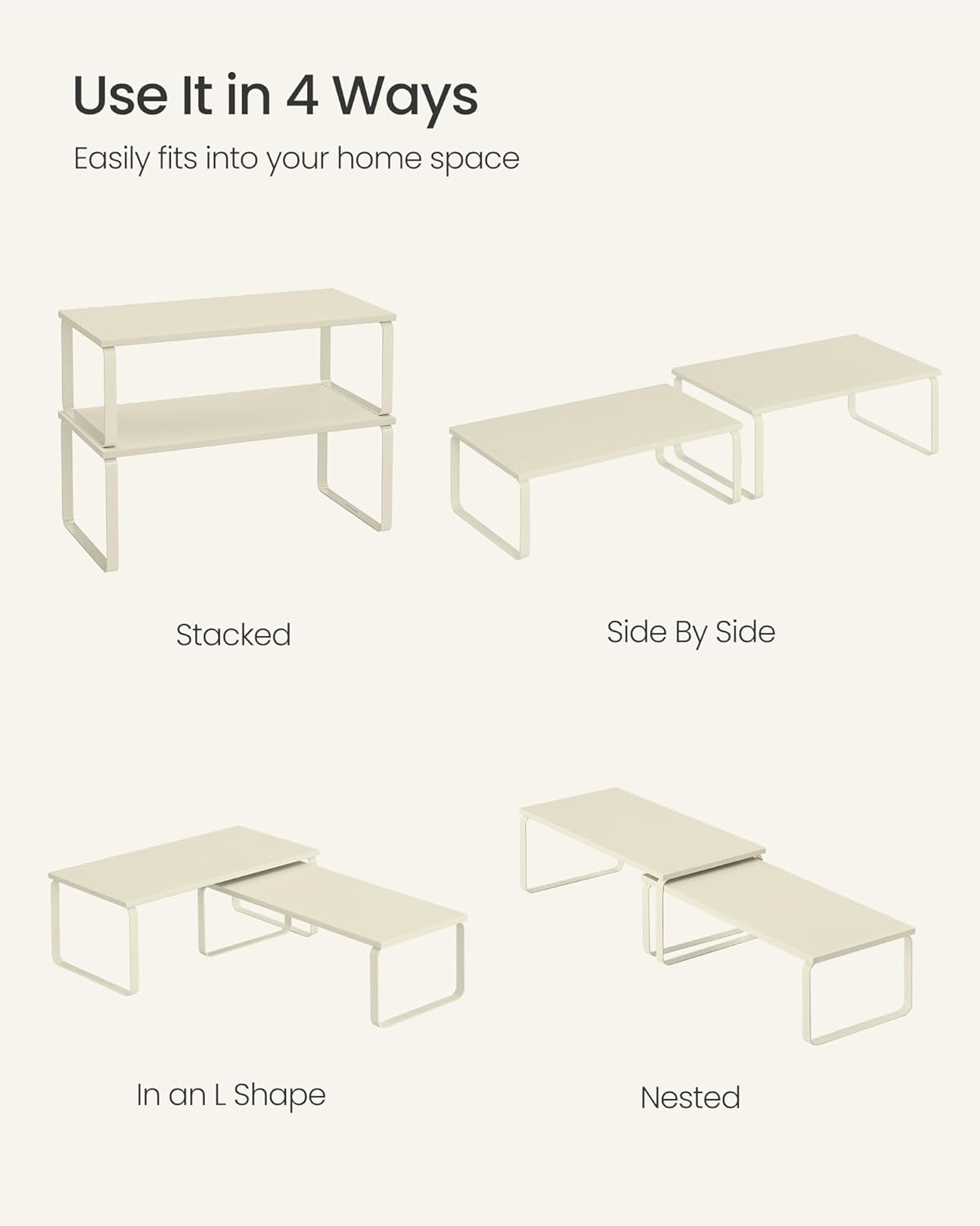 SONGMICS Cabinet Organizer Shelf, Set of 2 Kitchen Counter Shelves, Kitchen Storage, Spice Rack, Stackable, Expandable, Metal and Engineered Wood, Cream White UKCS200W02