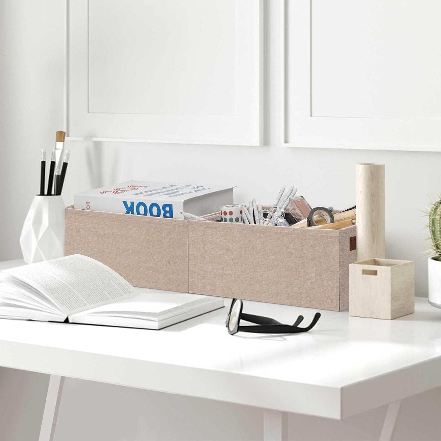 GhvyenntteS Small Fabric Storage Bins 6 Pack, 11.8" x 7.87" x 5.11" Storage Basket with Leather Handles, Closet Storage Bins for Shelves, Storage Baskets for Shelves, DVD Storage (Beige Yellow)