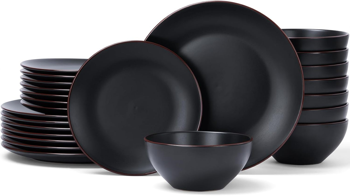 Famiware Venus Ceramic Plates and Bowls Sets, Dinnerware Dish Sets for 8 (24 Pieces) - Microwave and Dishwasher Safe, Matte Black