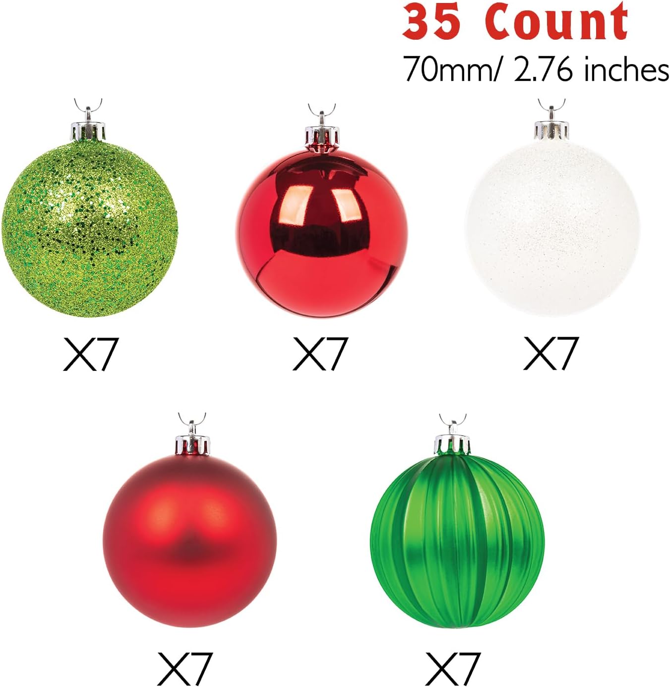 Every Day is Christmas Ornaments, Shatterproof Christmas Tree Ornament Set, Christmas Balls Decoration 35 Count (2.75"/70mm, Green Red White)