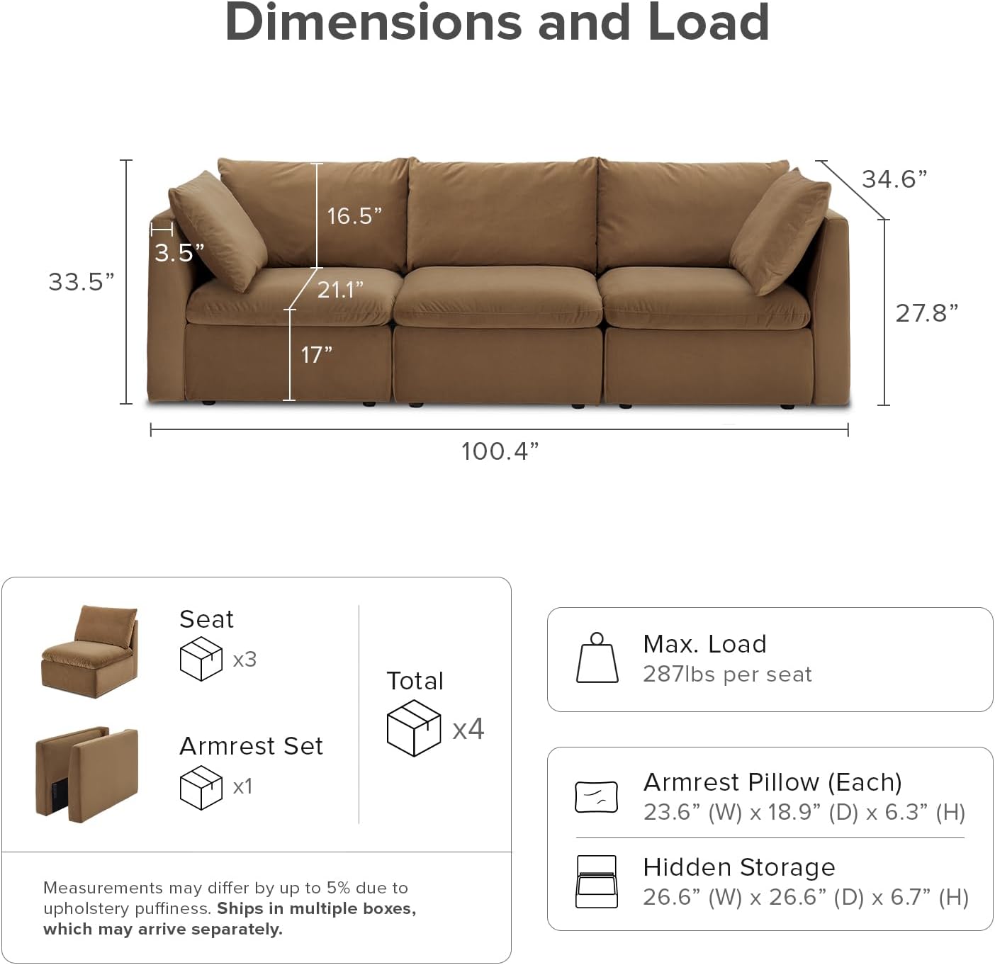 mopio Oversized Modular Sectional Sofa with Fully Removable Covers and Storage, Convertible U, L-Shaped and Sleeper Sectional, Modern Couches with Ottoman Chaise (Hazelnut Velvet, 3 Seater)