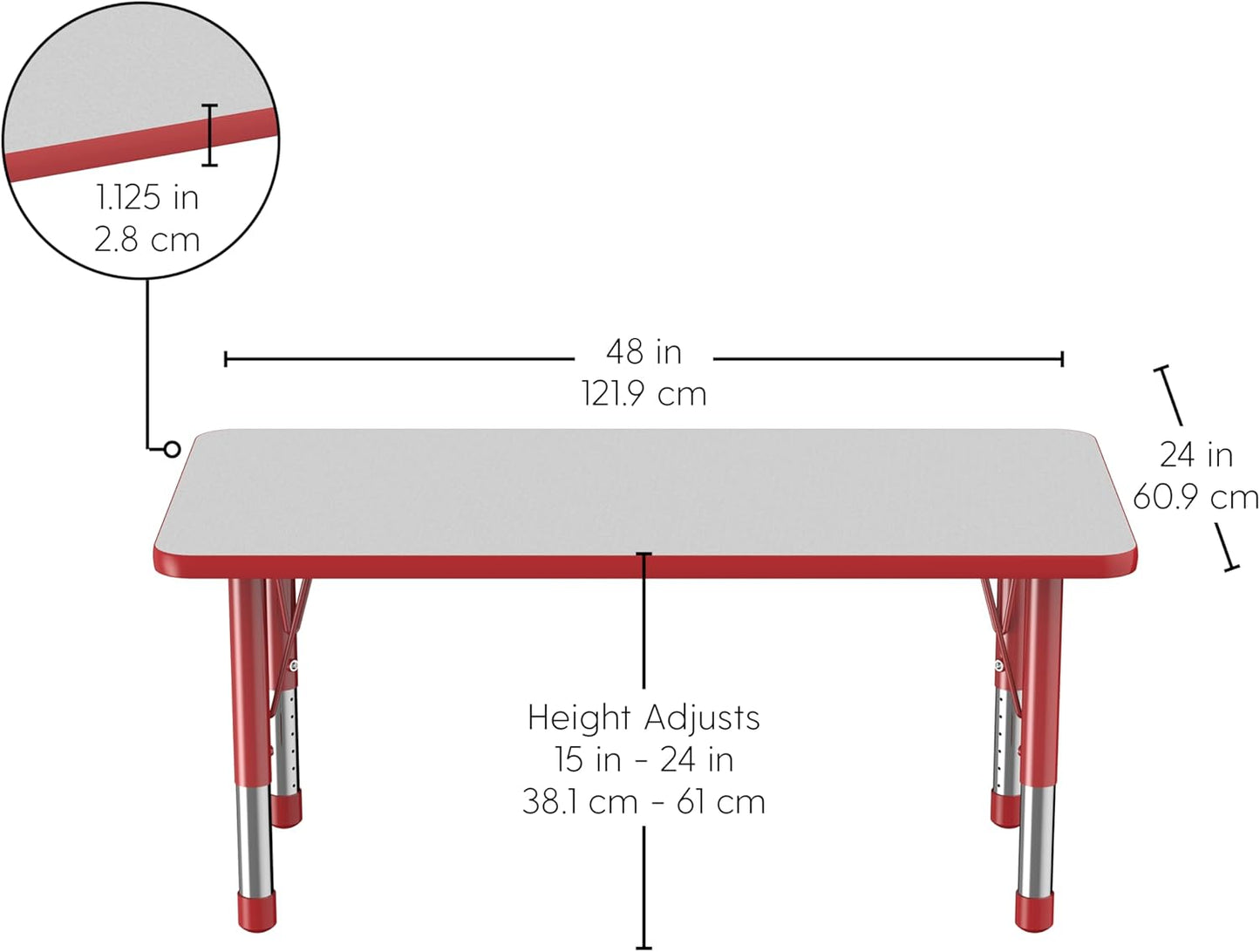 FDP Rectangle Activity School and Kids Classroom Table (24 x 48 inch), Toddler Legs, Adjustable Height 15-24 inches - Gray Top and Red Edge